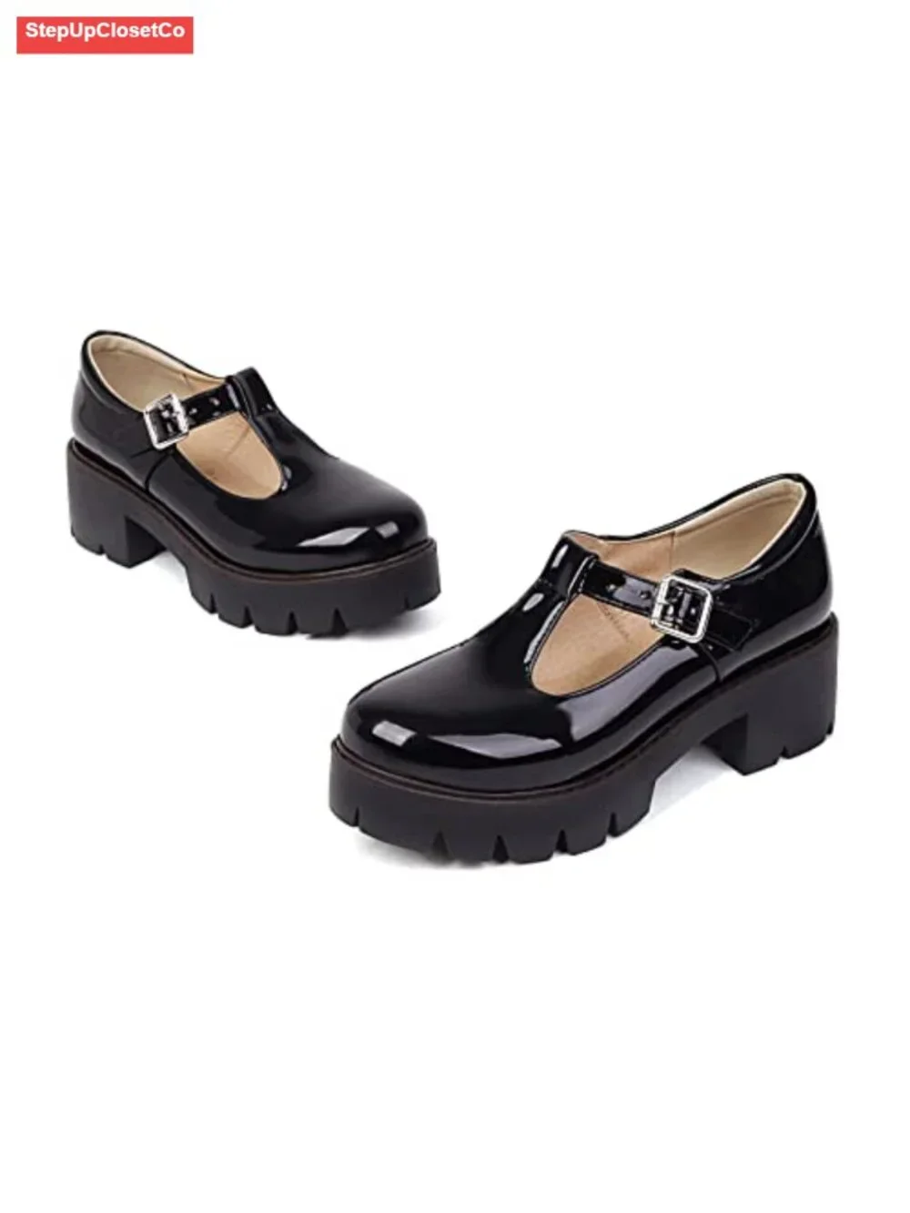 Black Platform Mary Jane Shoes Chunky Heel Kawaii Lolita Patent Leather